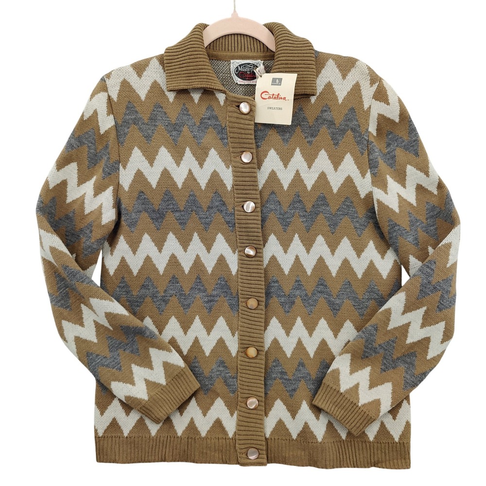 Vintage Catalina Womens 60s Chevron Mother Of Pearl Wool Cardigan 40 M Tan NEW